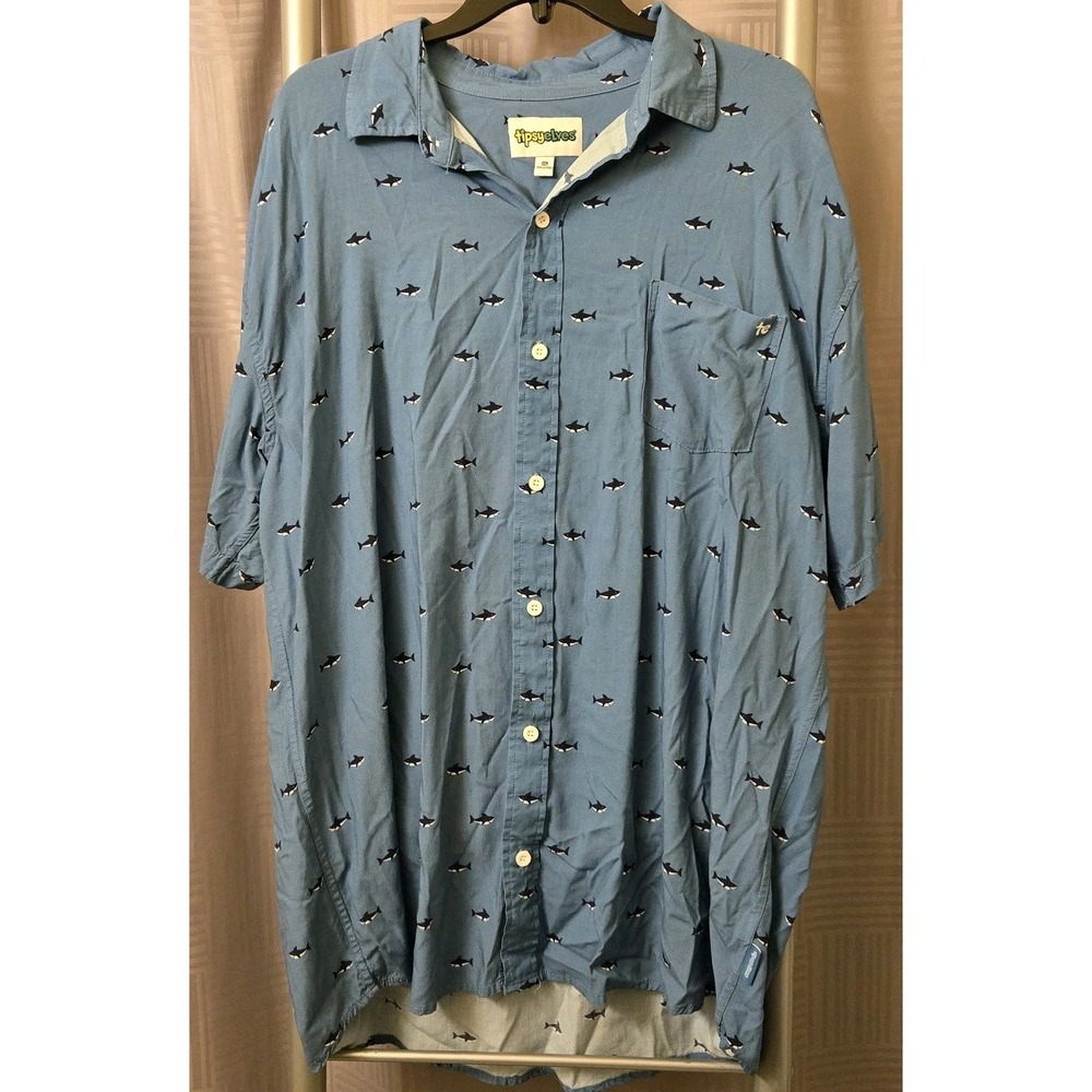 Tipsy Elves Blue Shark Mens Size 2XL All Over Print Button Up Short Sleeve Shirt